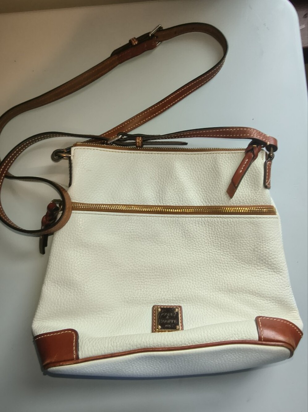 Dooney & Bourke White Pebble Leather Crossbody with Tan Trim